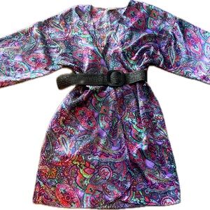 Vintage Boho Purple Paisley Kimono Robe Wrap Dress | Size M